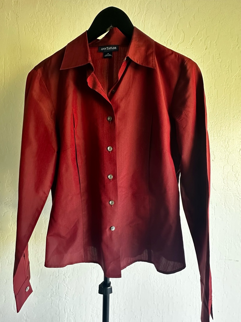 Ann Taylor 100% Silk Deep Red Long-Sleeve Button Down Shirt